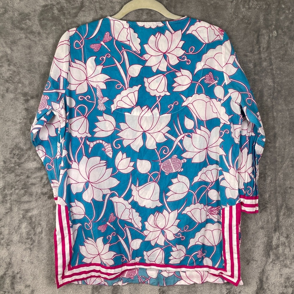 Beautiful Gretchen Scott Blue White Pink Floral V-Neck Tunic Size L - Picture 4 of 8